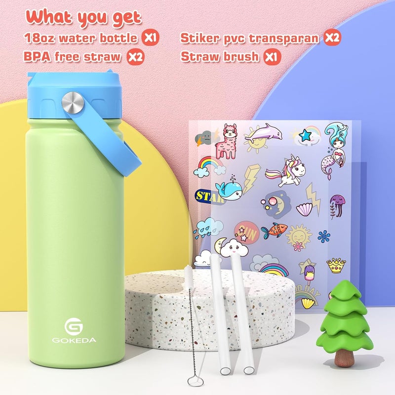 GOKEDA 18oz Kids Water Bottle, Insulated Water Bottles with Stickers, 18/8 Stainless Steel Vacuum Leak Proof Straw Cup for School, Gifts for Boys Girls(Blue,Green) - Image 1